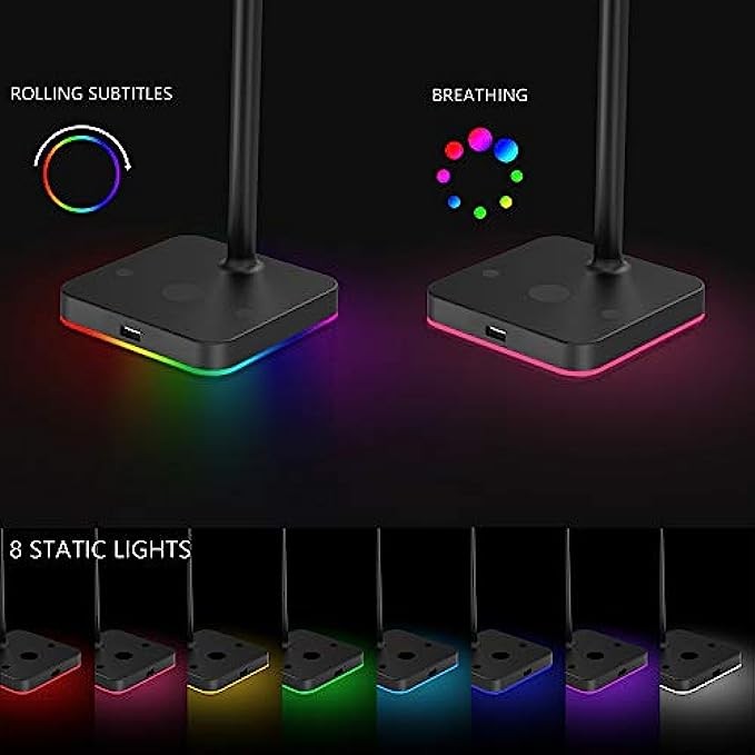 RGB Headphone Stand with USB Hub KAFRI Desk Gaming Headset Holder Hanger Rack with 1 USB2.0 Extension Charging Port Extender Cord - Suitable for Gamer Desktop Table Game Earphone Accessories