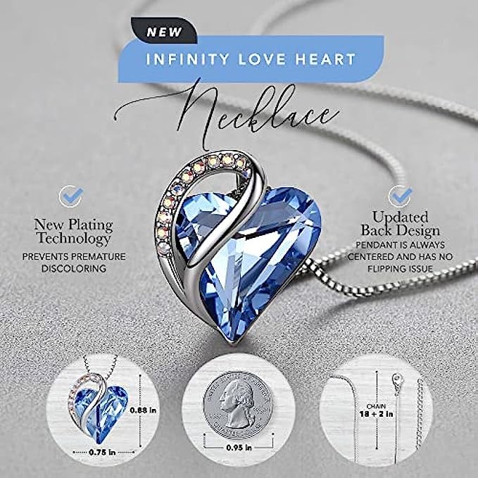 Leafael Women’s Silver Plated Infinity Love Heart Pendant Necklace with Birthstone Crystals, Jewelry Gifts for Her, 18 + 2 inch Chain, Anniversary Birthday Mother's Necklaces for Wife Mom Girlfriend