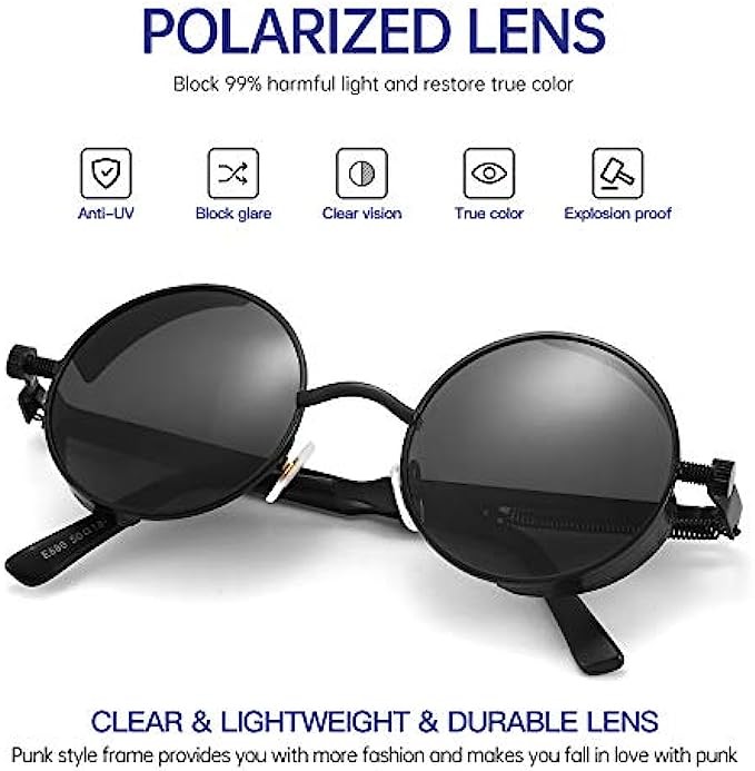 男士蒸汽朋克偏光太阳镜，专业紫外线防护，圆形哥特式色调女式，金属圆框