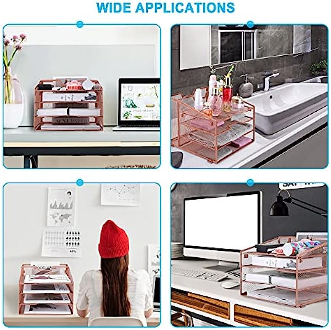 Reliatronic Mesh Desk Organizer, Metal 5 Compartments Organizer with 4 Horizontal Letter Trays and 1 Upright Section for Letters, Folders, Files, Documents and Desk Accessories, Rose Gold