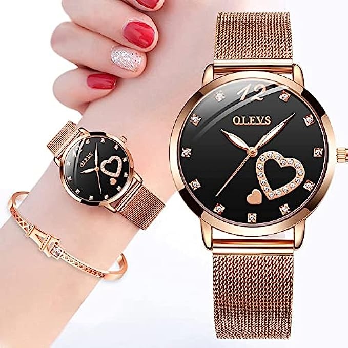 OLEVS Womens Watch Gifts Set with Bracelet Rose Gold for Lady Female Minimalist Simple Slim Thin Casual Dress Analog Quartz Wrist Watches Waterproof Two Tone